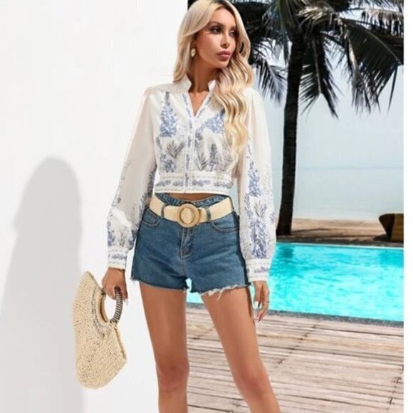 SHEIN VCAY Floral Print Cropped Button Front Shirt womens size medium - Picture 4 of 4